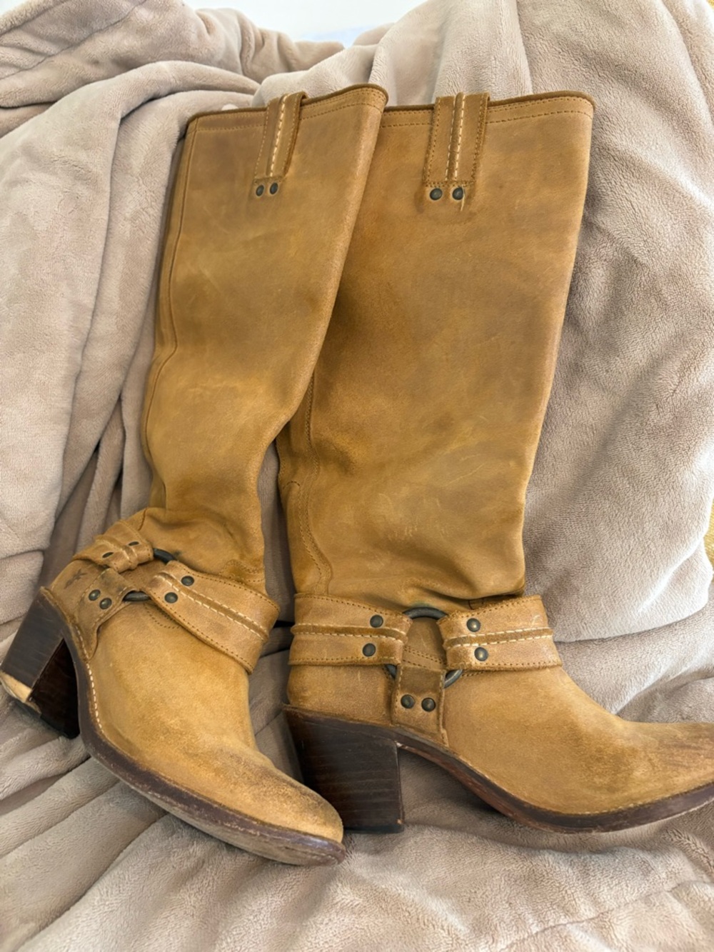 Frye Tan Leather Knee Harness Heeled Boots
